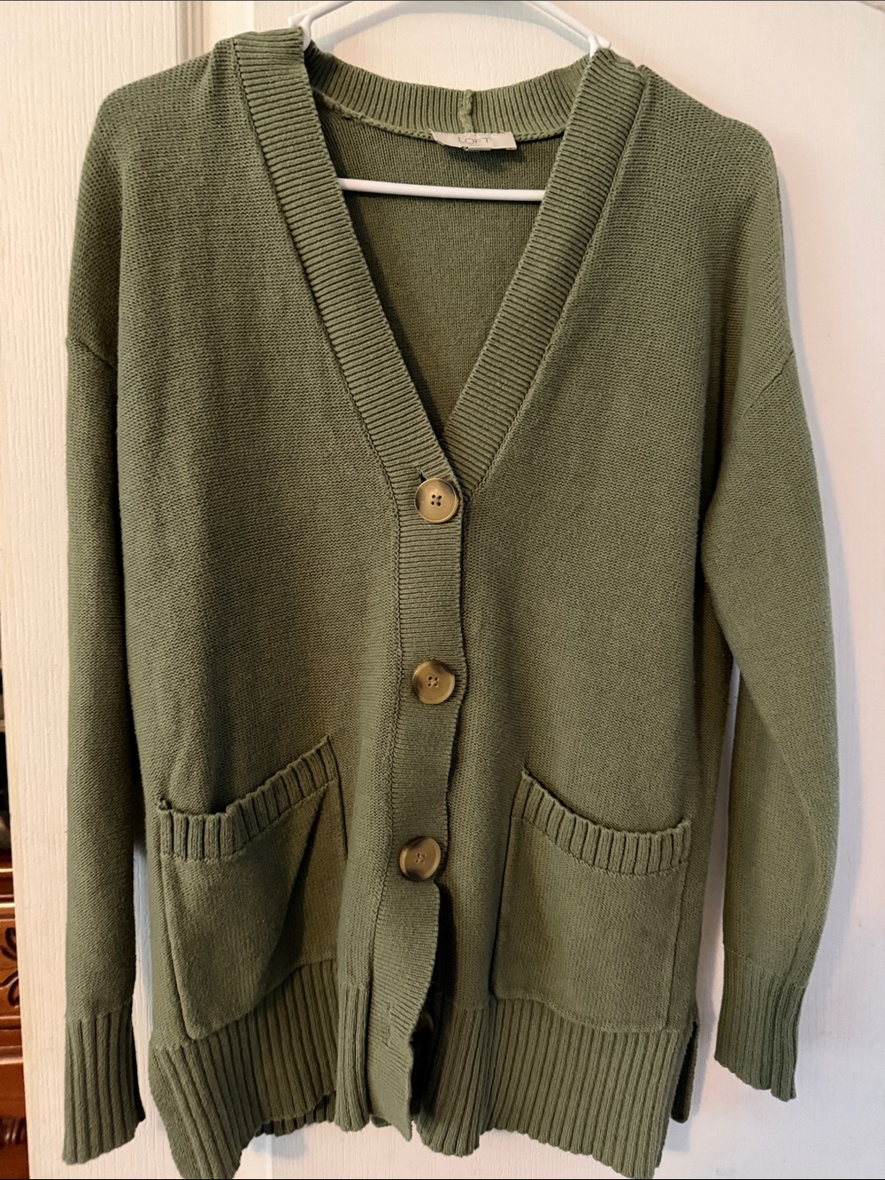 LOFT Olive Green Button-Up V-Neck Cardigan with Pockets